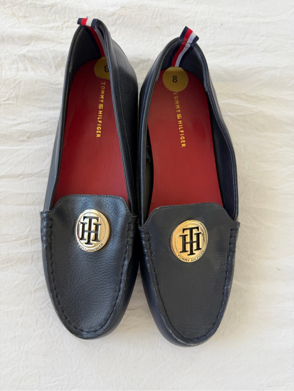 Tommy Hilfiger Black Leather Women Loafers with Gold TH Emblem